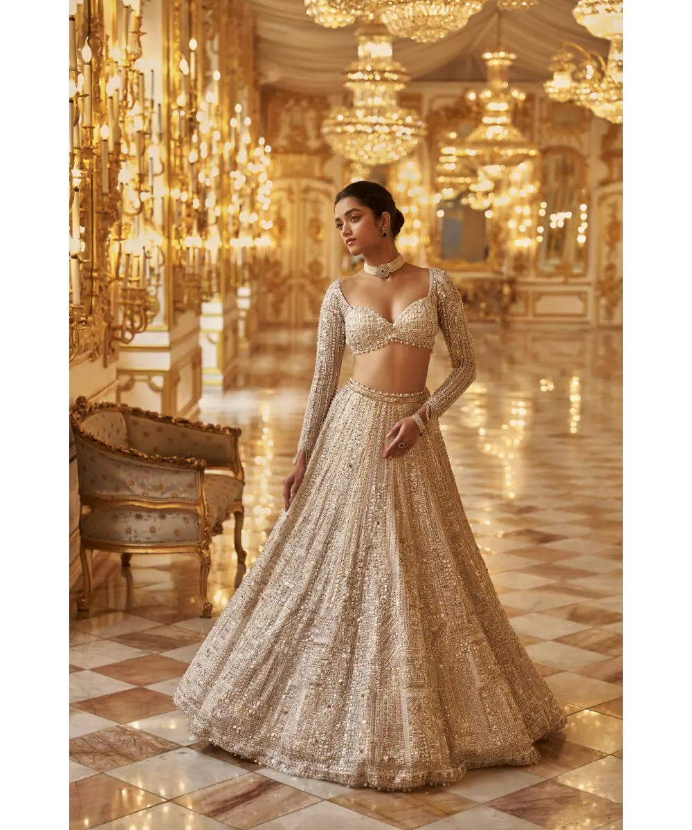 SEEMA GUJRAL- Ivory Gold Sequin Lehenga Set